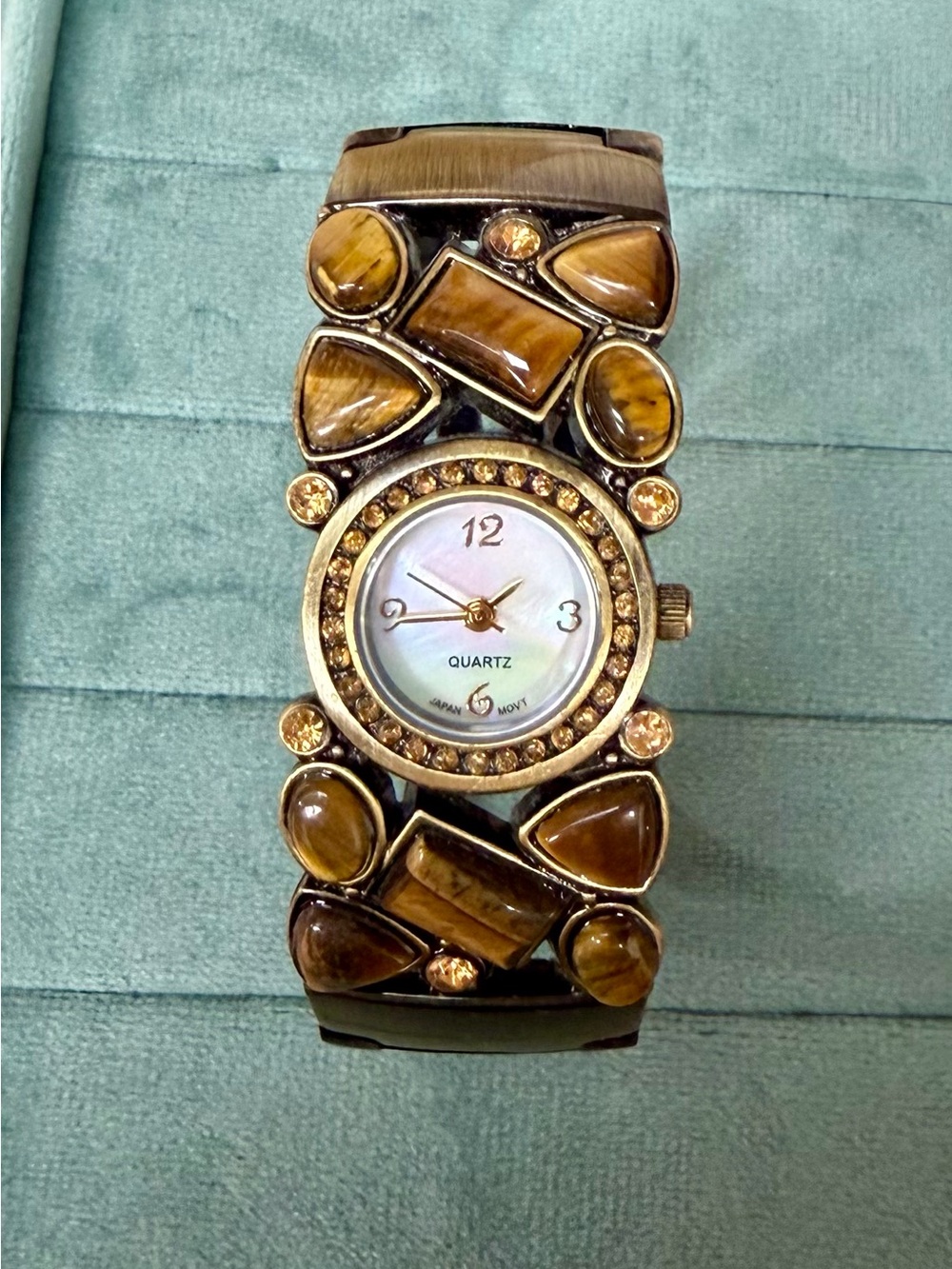Gold-Tone Tiger Eye Accent Women's Quartz Watch Cuff